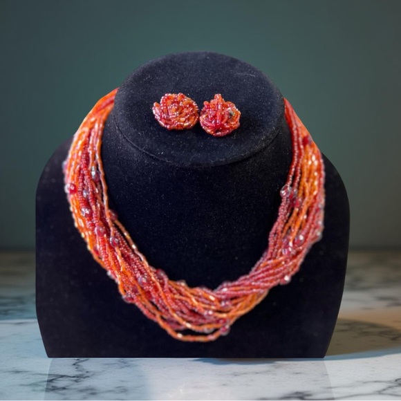 Seed Bead  Orange necklace and earrings - multi strand New Boutique - Picture 2 of 8